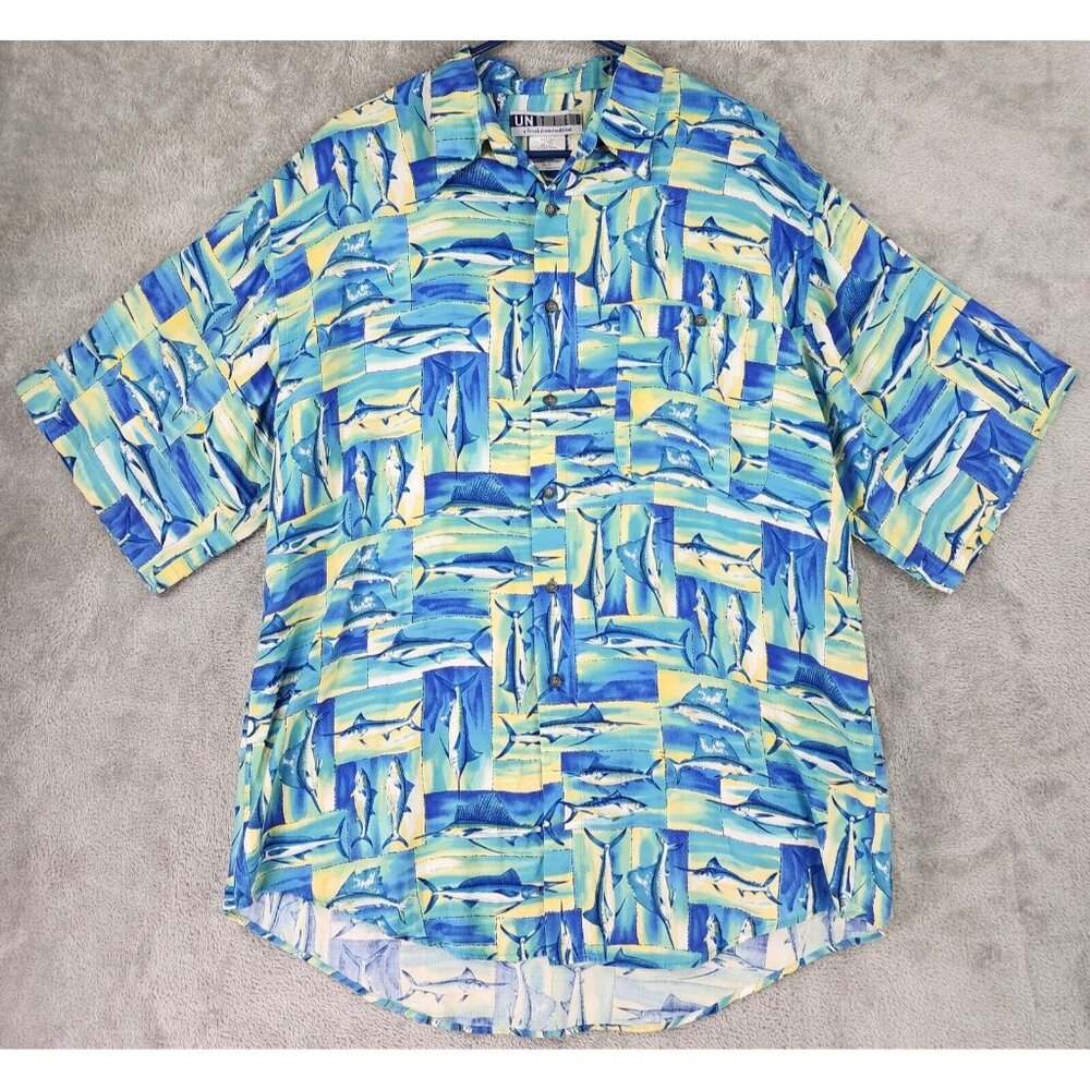Un Tied Shirt Mens Large Blue Sword Fish Hawaiian Casual Button Up Short Sleeve